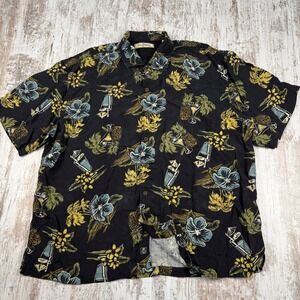 Tommy Bahama Mens XXL 100% Silk Hawaiian Shirt Tropical Cocktail Floral Black
